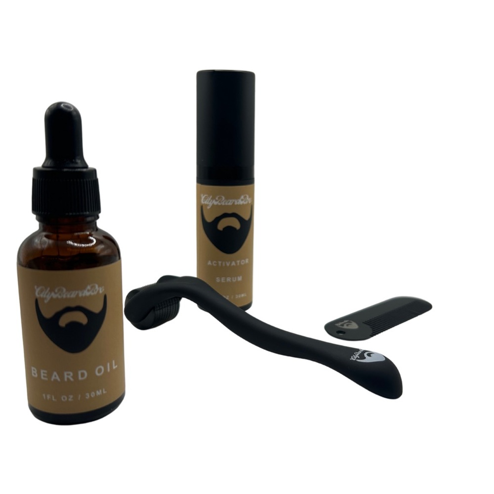 Beard growth kit includes dermal roller activator serum & beard oil.